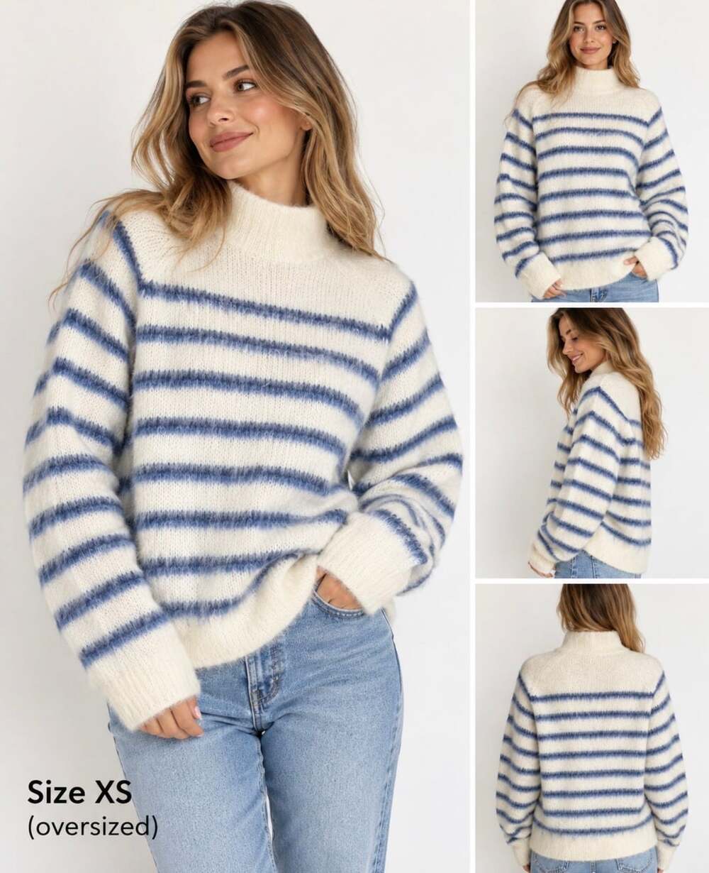 H&M Women’s Mohair Blend Striped Fuzzy Mock Neck Sweater Ivory Blue Size US 2 XS